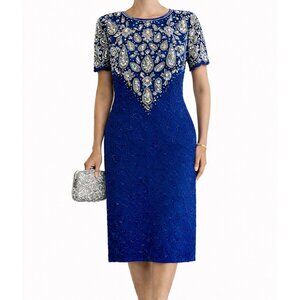 Vintage 1980s Laurence Kazar Beaded Cocktail Formal Silk Dress Cobalt Blue XL